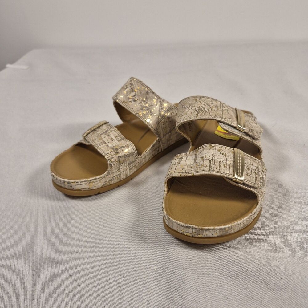Baretraps Wisteria Slide Sandals Women's Sz 7.5M Beige Gold Metallic Cork Print